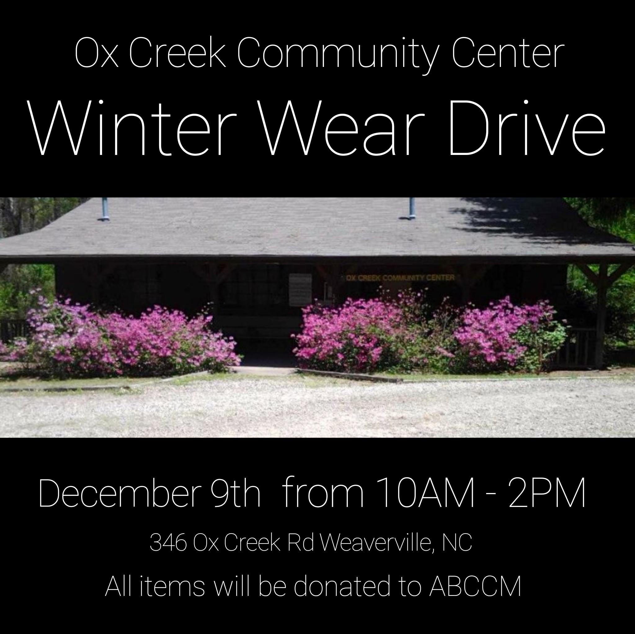 The Ox Creek Community Center will be accepting coats, jackets, hats, gloves for both children and adults.&nbsp; We are grateful for their support!